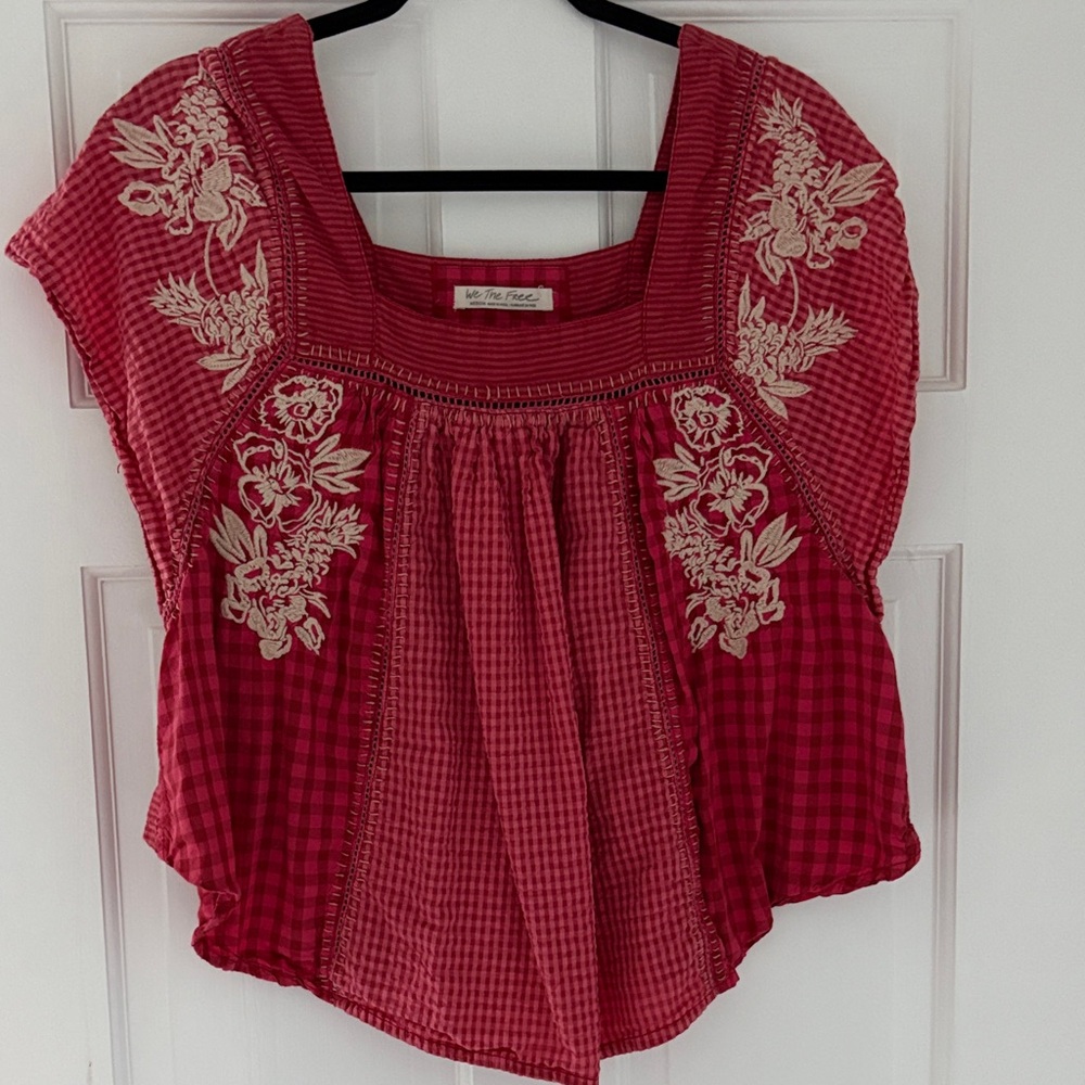 We The Free by Free People Red Embroidered Gingham Top – Size M
